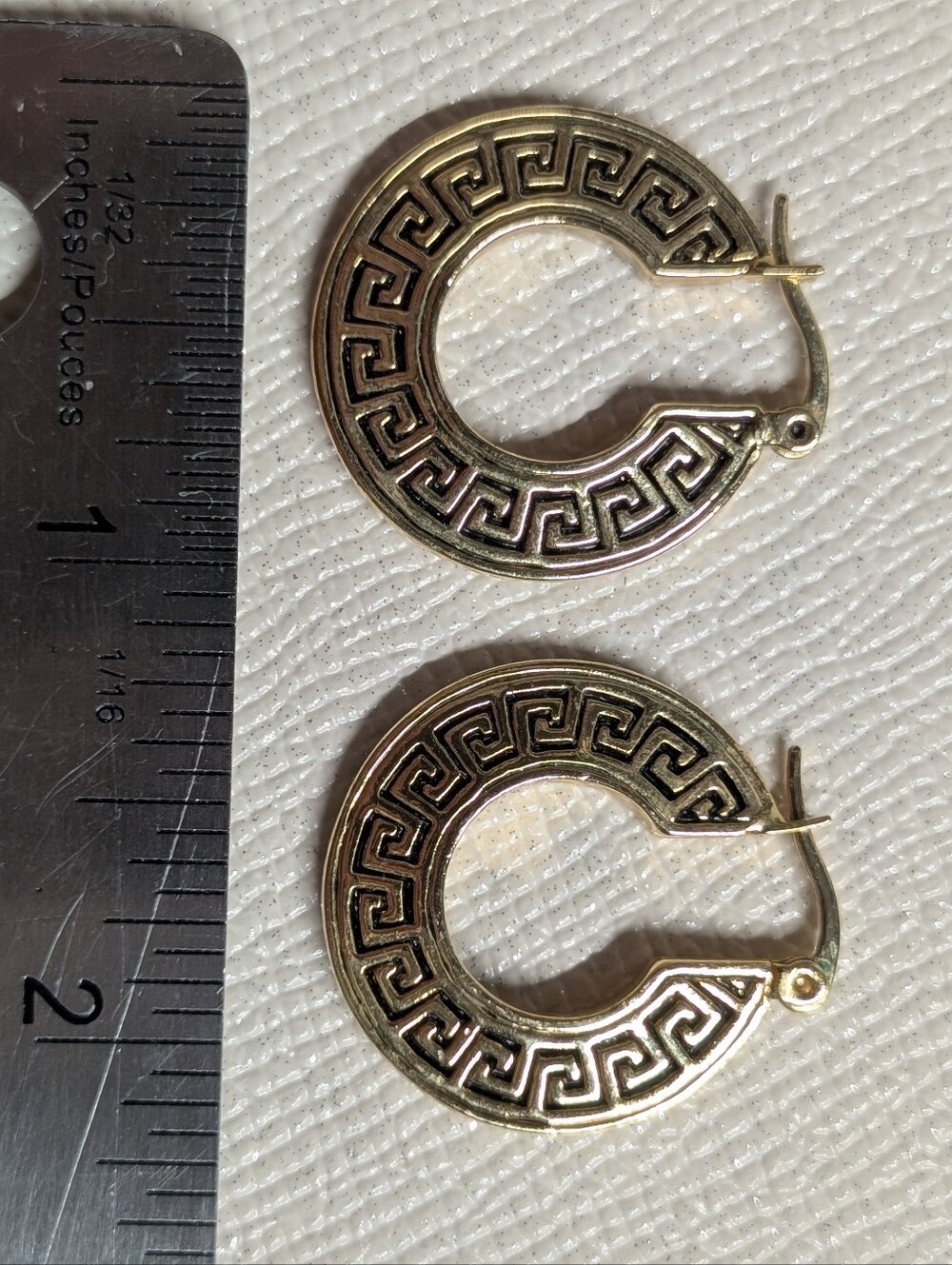 Gold-Tone Greek Key Hoop Earrings Black Accents No Tarnish Chunky